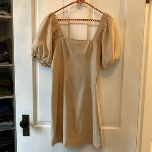 Tan Puff Sleeve Square Neck Mini Cotton SNDYS size S Dress